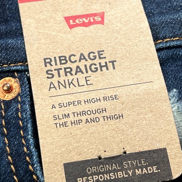 Levis Rib Cage Straight Ankle Jeans Womens 26 X 27 Button Fly Distressed Denim - Picture 9 of 13